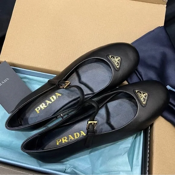 Prada Women's Black Leather Flats with Logo Detail - Picture 3 of 9